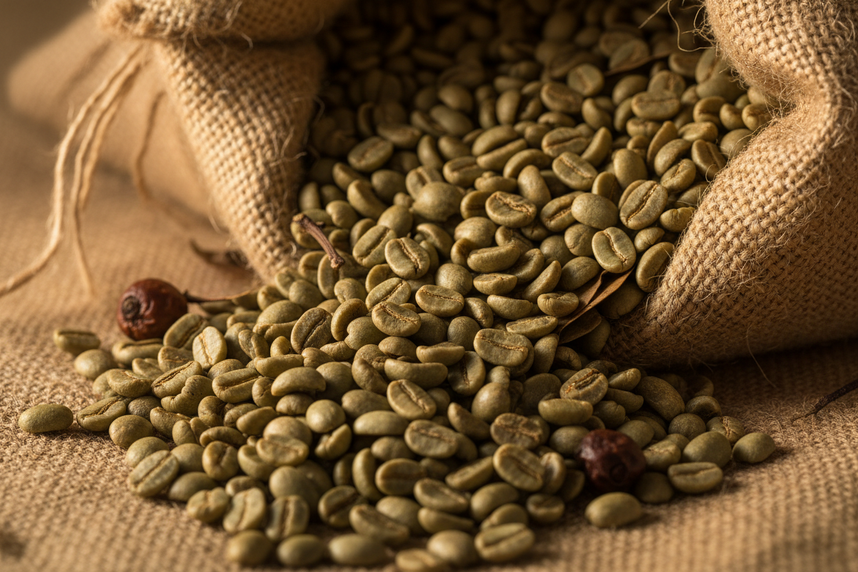 Green Coffee Beans in Burlap sack