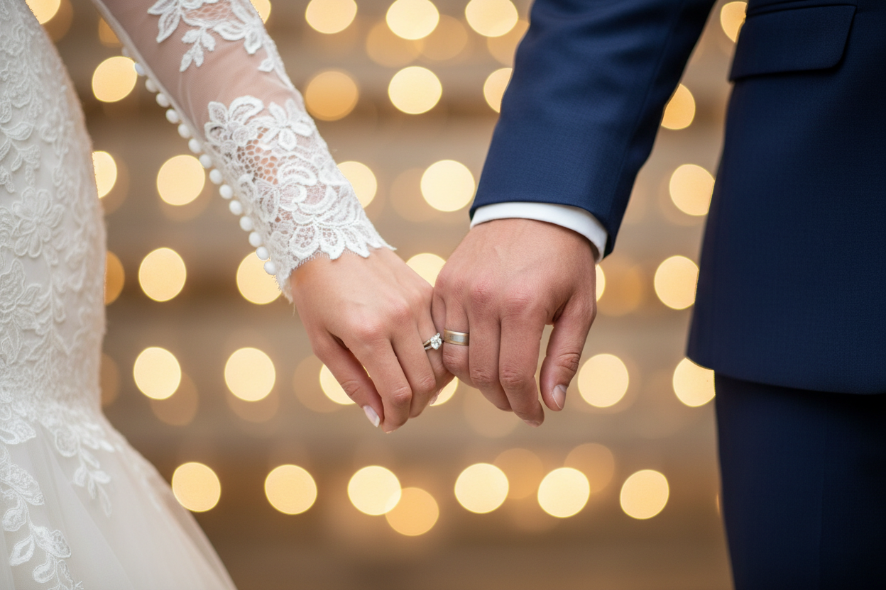wedding couple holding hands 